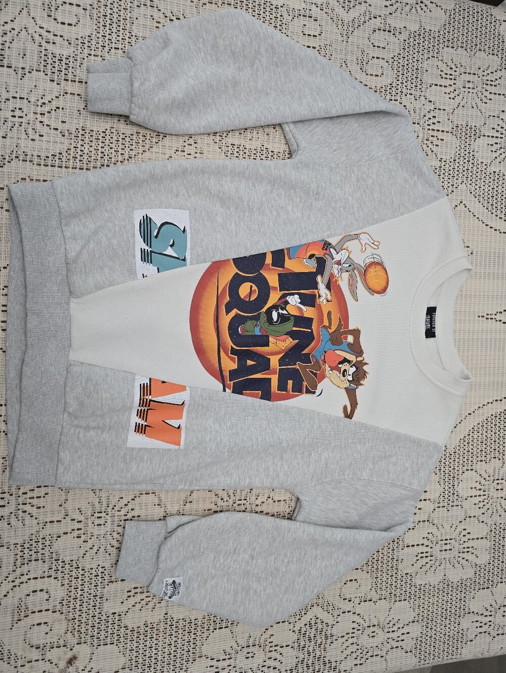 Forever 21 Light Gray Space Jam Graphic Pullover with Orange & Teal Accents